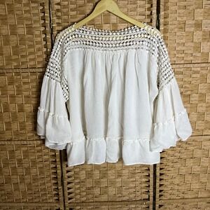 MAX STUDIO White Crochet Detail Bell Sleeve Blouse Top Size L Boho Cottagecore‎